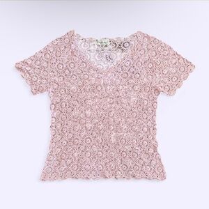 Vintage Silk Crochet Pink Top Hand Knit Boho V Neck Lightweight